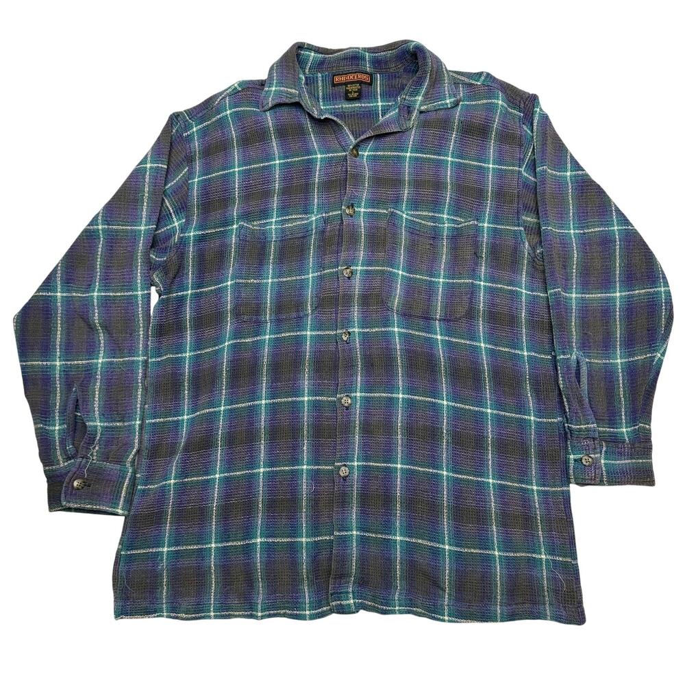 Vintage 80s Rhinoceros Textured Plaid Flannel Shirt Mens Large Workwear Waffle